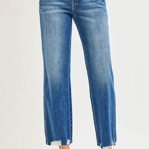 RISEN High Rise Ankle Straight Distressed Hem Detail Jeans - Picture 3 of 6